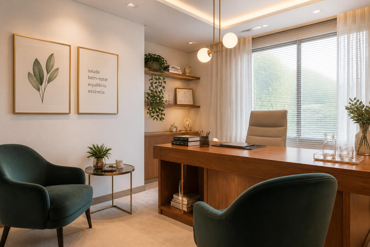 Consultório de psicologia e saúde mental da LIV Saúde Integrativa em Natal, com decoração sofisticada em tons verde, creme e dourado